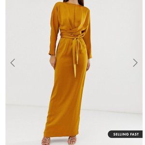NWT - ASOS Maxi Golden Satin Dress w/ Wrap Waist